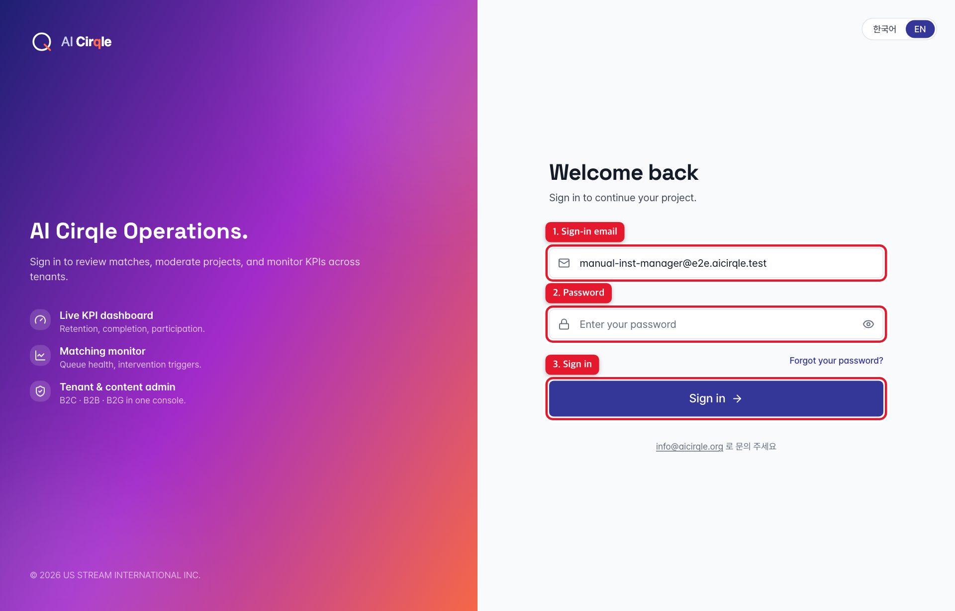 Sign in — The sign-in email you were given., The initial password. After signing in, a 'Change password' notice appears at the top until you change it., Signs in and opens the student list.