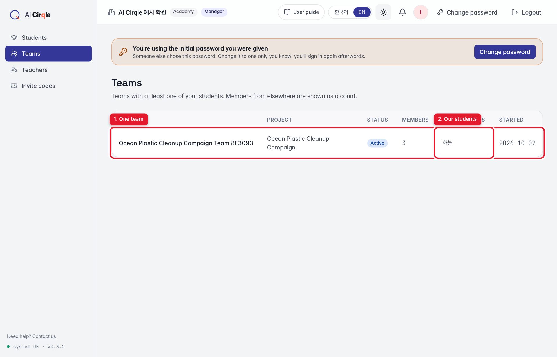 Teams — One team: project, status, total members and start date., Your students on that team.